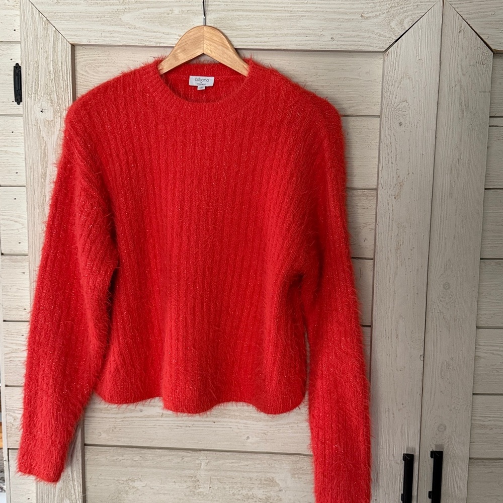 Quirky vibrant fun orange fuzzy long sleeve sweater with metallic silver thread